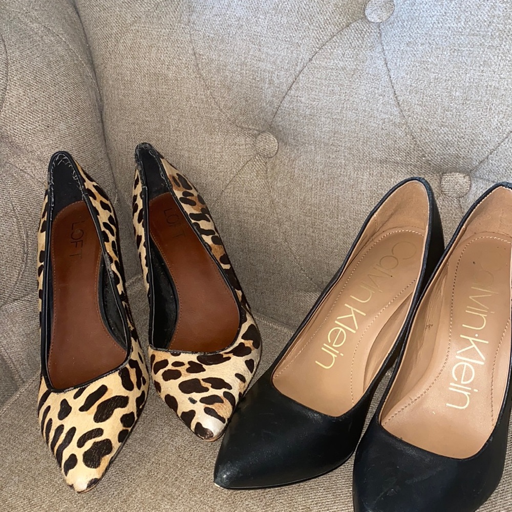 2 for 22 pump heels size 8 1/2, Ck black leather pumps and loft leopard pumps